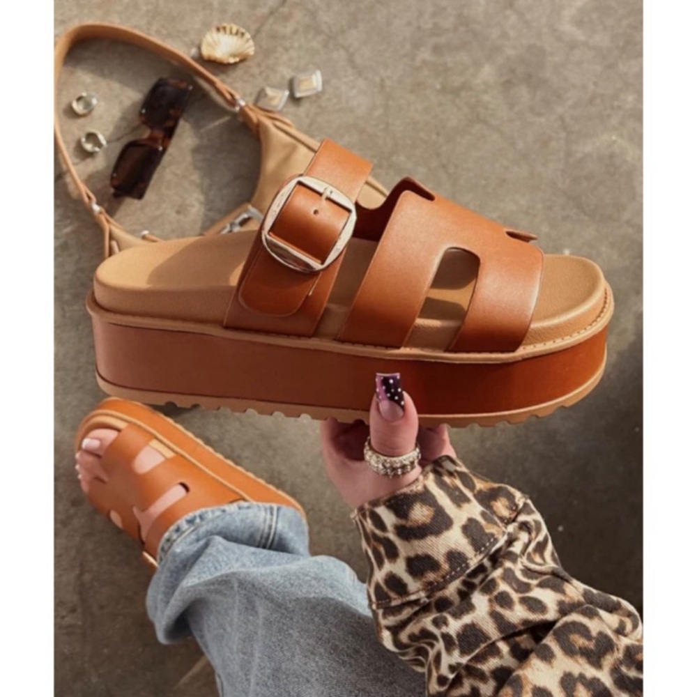 Tan Slip On Chunky Platform Sandals - Picture 2 of 8